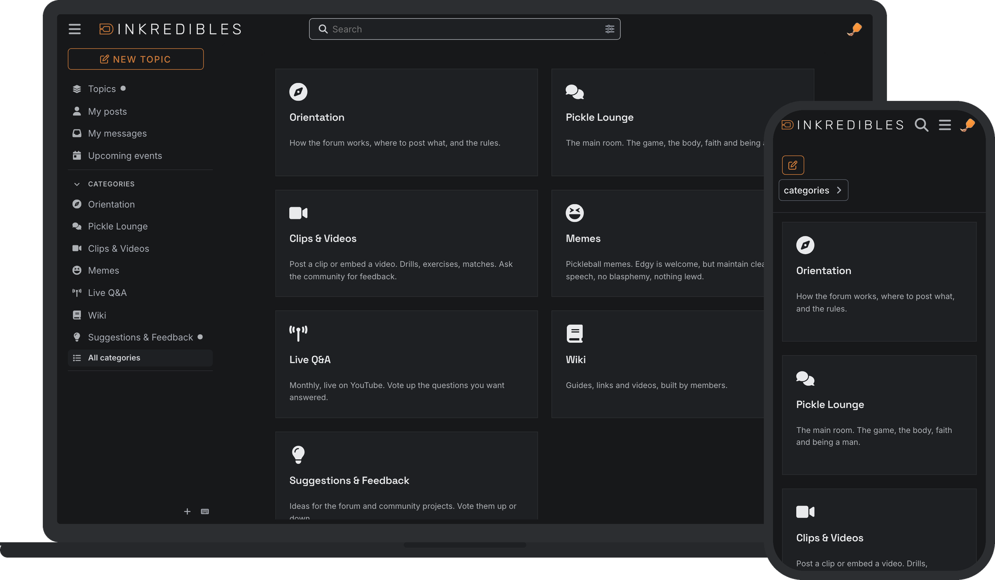 The forum on desktop and phone, showing its seven rooms: Orientation, Pickle Lounge, Clips & Videos, Memes, Live Q&A, Wiki, and Suggestions & Feedback.